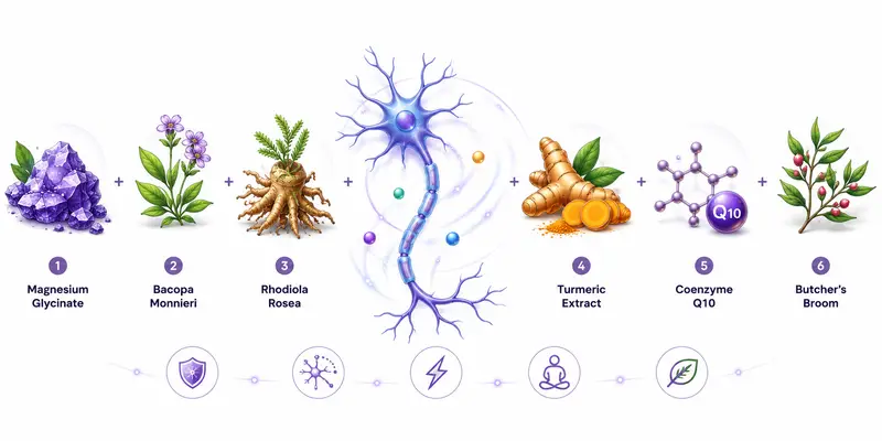 NervoLyn ingredients: Magnesium Glycinate, Alpha Lipoic Acid, Butcher's Broom, L-Carnitine, Turmeric and Coenzyme Q10